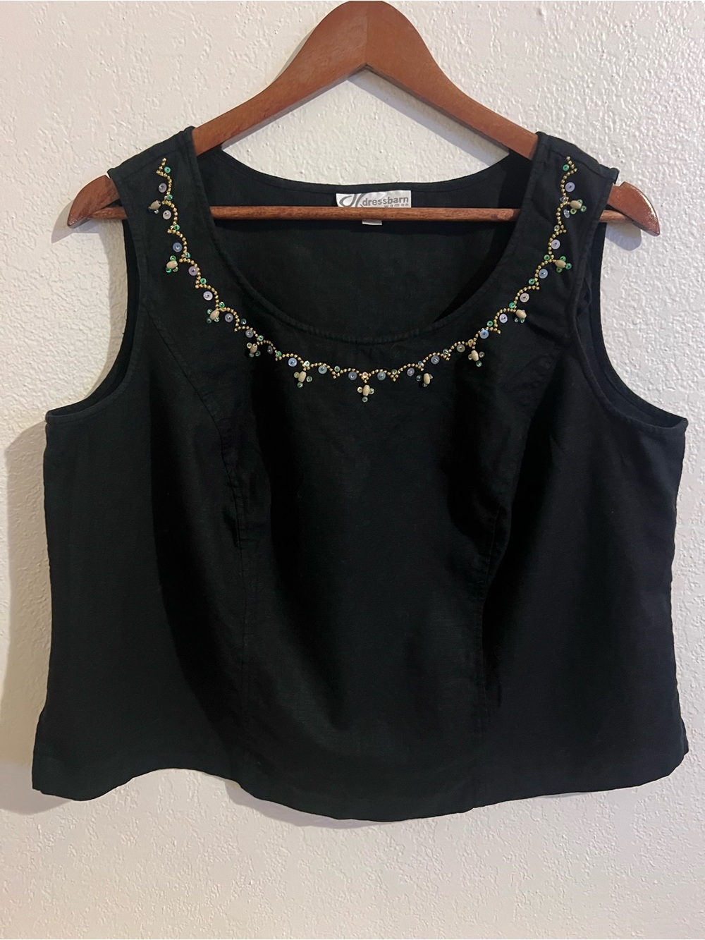 Dressbarn 16W Black Linen Blend Beaded Sleeveless Top Y2K